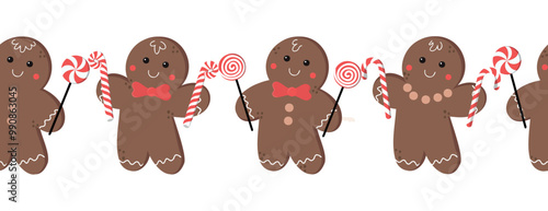 Gingerbread man Christmas seamless border. Horizontal vector illustration for winter holidays. 
