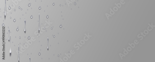 Rain transparent drops flow down the glass.Realistic wet condensation texture.Fresh water splash effect on the surface.Liquid spreading droplet shapes.