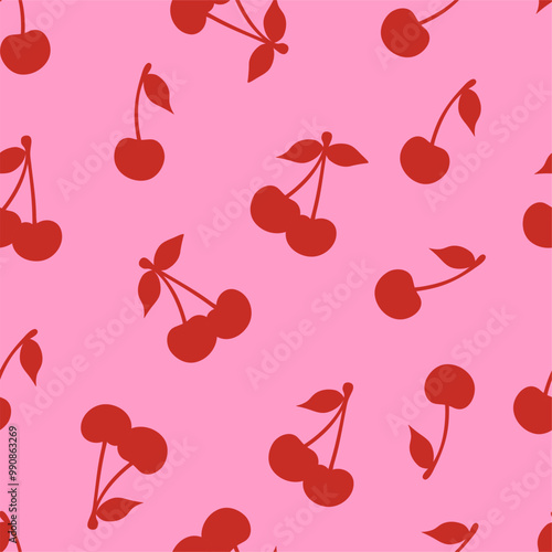 Seamless pattern with abstract red cherry fruit on pink background. Editable vector illustration for wrapping paper, packaging, fabric, wallpaper, phone case etc.