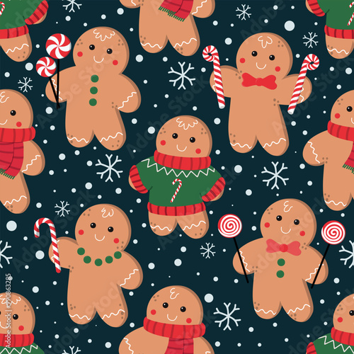 Seamless Christmas pattern with gingerbread man. Xmas Gingerbread cookies. Noel holiday sweet dessert. Vector illustration.