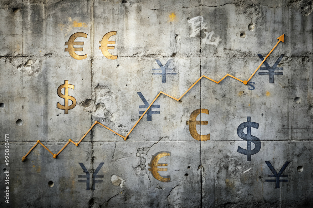 A wall with a bunch of different currencies and a line going up. The idea is that the value of these currencies is increasing A wall with a bunch of different currencies and a line going up. The idea is that the value of these currencies is increasing