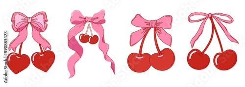 Set of coquette heart-shaped cherries with bow. Various cherry with ribbons. Vector illustration for posters, cards, logo, printing on t-shirt etc.