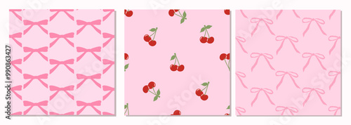 Set of seamless pattern with pink bow knots and cherry. Romantic collection. Editable vector illustration for Valentines day, wrapping paper, packaging, fabric, wallpaper, phone case etc.