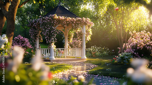 Romantic background with a garden setting, showcasing a charming gazebo, blooming flowers, and a peaceful, intimate atmosphere photo