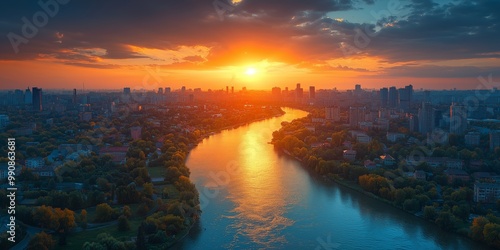 Aerial View of Urban Sprawl and Nature at Sunset