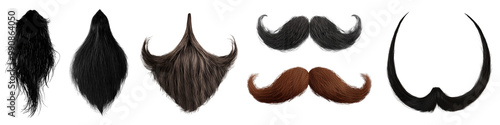 Collection Set of mustache moustache beard goatee on transparent cutout PNG file. Many different style. Mockup template for artwork design
