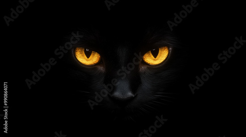 glowing yellow eyes of a black cat