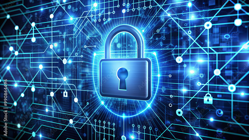 A glowing padlock symbolizes digital security, surrounded by intricate network connections and data patterns, illustrating the importance of cybersecurity in technology A glowing padlock symbolizes digital security, surrounded by intricate network connections and data patterns, illustrating the importance of cybersecurity in technology