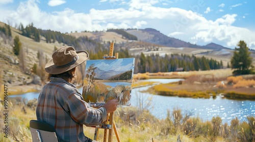 A man painting outdoors in front of a lake and mountains.