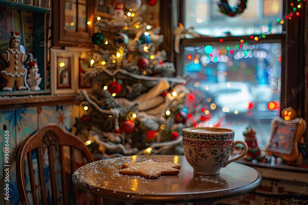Cozy coffee shop with Christmas decor, warm coffee cup in a festive mug, holiday lights, snow falling outside Cozy coffee shop with Christmas decor, warm coffee cup in a festive mug, holiday lights, snow falling outside