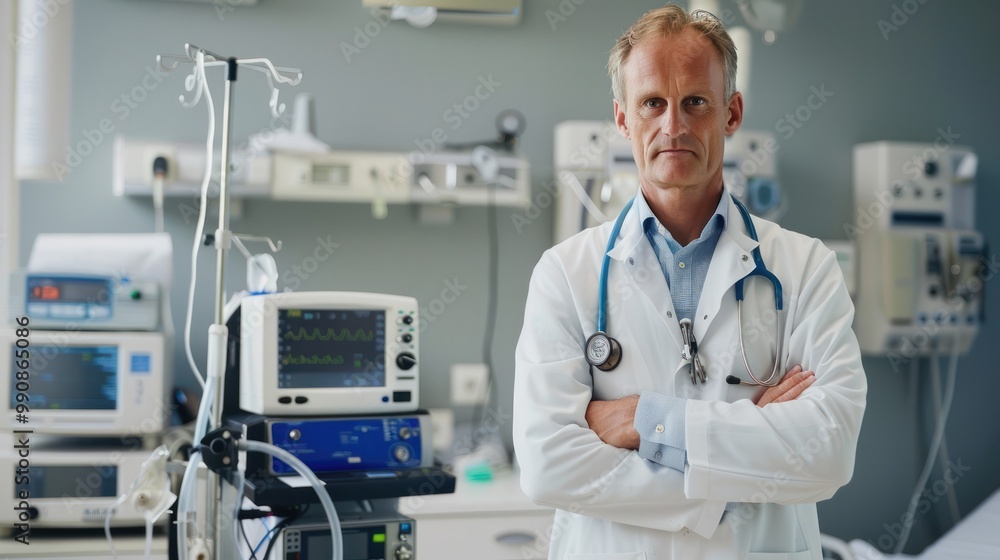 A mature doctor standing next to medical equipment, with a focused and reassuring expression, ready to attend to patients. A mature doctor standing next to medical equipment, with a focused and reassuring expression, ready to attend to patients.