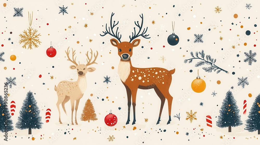 Fototapeta premium whimsical christmas pattern playful seamless design featuring stylized snowflakes reindeer ornaments and candy canes in a retro color palette