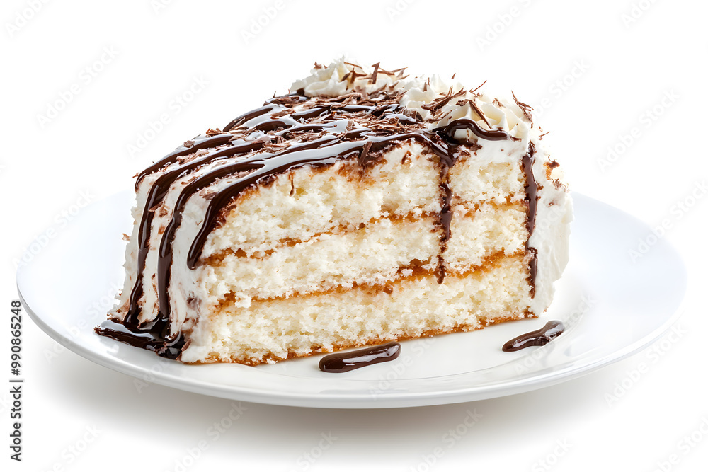 Delicious Slice of Coconut Cake with Chocolate Sauce isolated on white Delicious Slice of Coconut Cake with Chocolate Sauce isolated on white