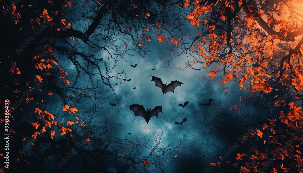 Bats Flying Among Spooky Trees with Full Moon in Background Bats Flying Among Spooky Trees with Full Moon in Background