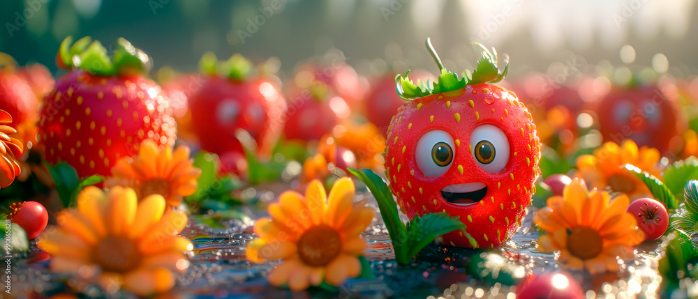 A cartoon strawberry is surrounded by other strawberries and flowers A cartoon strawberry is surrounded by other strawberries and flowers