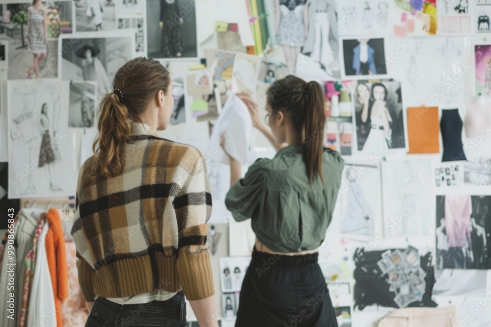 Fashion designer and model discussing design ideas on a mood board, with sketches of designs and fashion photography. The scene is set in an office or studio space where the two women stand facing eac Fashion designer and model discussing design ideas on a mood board, with sketches of designs and fashion photography. The scene is set in an office or studio space where the two women stand facing eac
