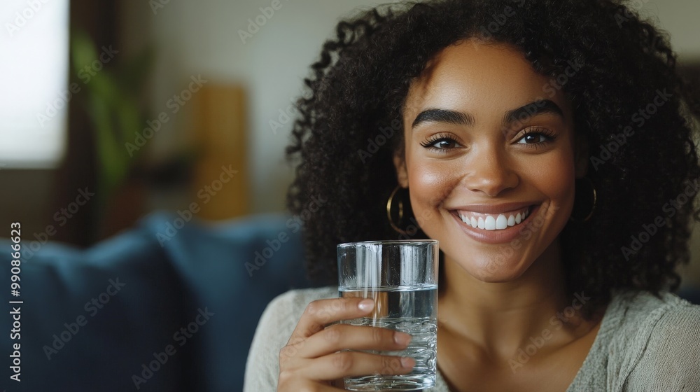 Smiling woman enjoying a refreshing glass of water in a cozy home setting Smiling woman enjoying a refreshing glass of water in a cozy home setting