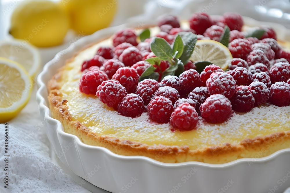 Deliciously baked lemon dessert topped with red berries commercial advertising photo Deliciously baked lemon dessert topped with red berries commercial advertising photo