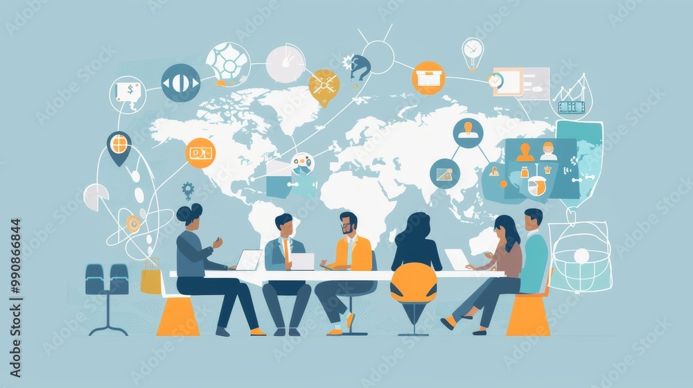 Illustration of business people working together on a global project, with a map in the background containing icons representing different cultures and financial symbols. The background is a light blu Illustration of business people working together on a global project, with a map in the background containing icons representing different cultures and financial symbols. The background is a light blu