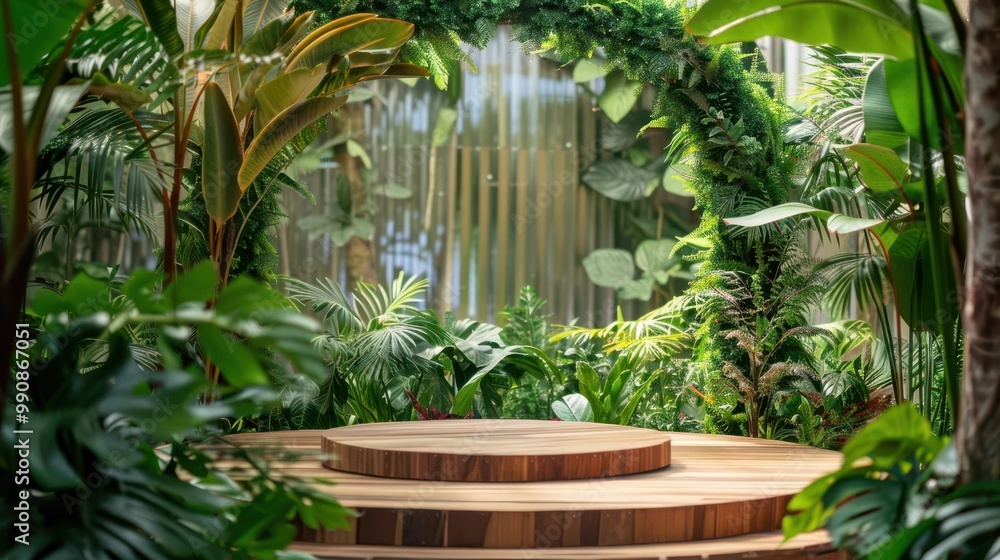 Round wooden podium framed by tropical plants, natural lighting, green arch backdrop, eco-inspired minimalist design Round wooden podium framed by tropical plants, natural lighting, green arch backdrop, eco-inspired minimalist design