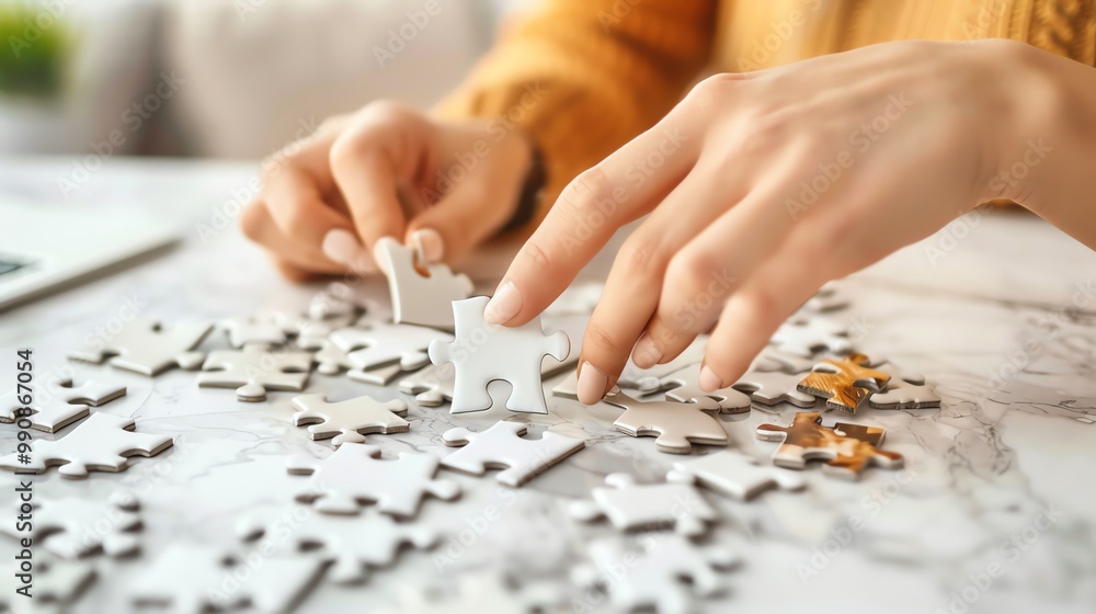 A woman's hands working on a large jigsaw puzzle. A woman's hands working on a large jigsaw puzzle.