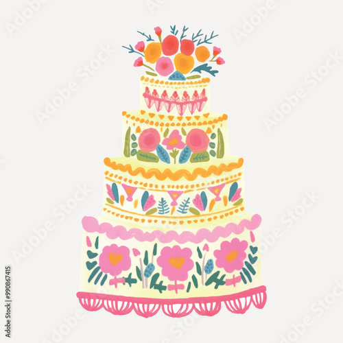 Colorful floral wedding cake illustration