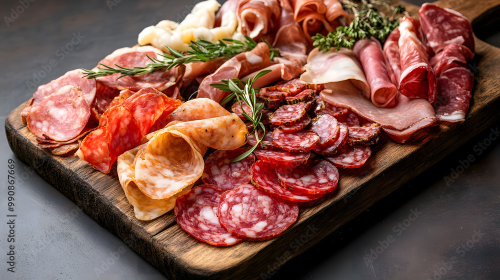 A rustic board with various cured meats like salami, pepperoni and ham with fresh herbs like rosemary A rustic board with various cured meats like salami, pepperoni and ham with fresh herbs like rosemary