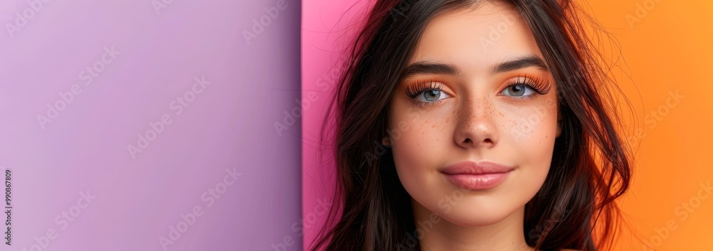 Photo of A woman with eyelash extensions in front of an orange, pink and purple background for beauty effects ad. Web banner with copyspace on the right Photo of A woman with eyelash extensions in front of an orange, pink and purple background for beauty effects ad. Web banner with copyspace on the right