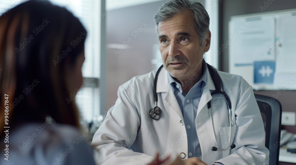 A doctor in a white lab coat sitting in an office, discussing medical results with a patient. A doctor in a white lab coat sitting in an office, discussing medical results with a patient.