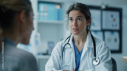 A doctor in a healthcare office discussing treatment options with a patient, medical charts in the background.