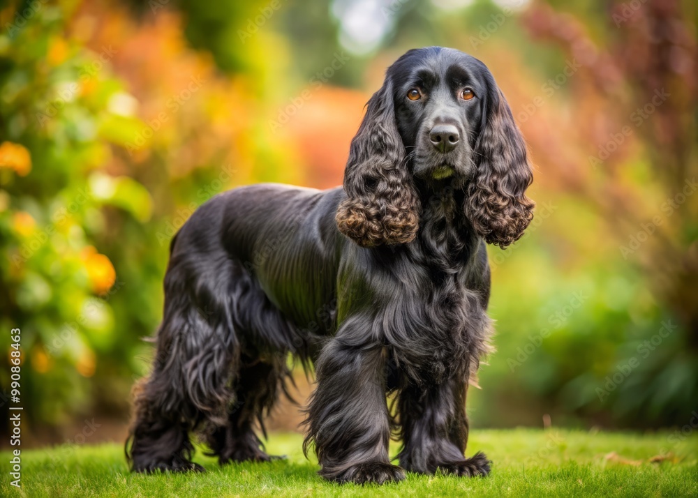 A playful black cocker spaniel poses with sparkling eyes and a luxuriant tail, set against a backdrop of A playful black cocker spaniel poses with sparkling eyes and a luxuriant tail, set against a backdrop of