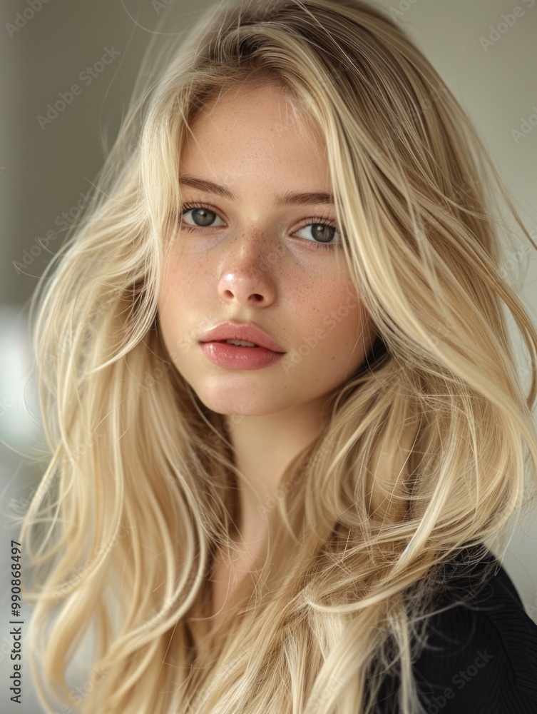 A young woman with long, flowing blonde hair gazes directly, showcasing natural beauty in soft indoor lighting A young woman with long, flowing blonde hair gazes directly, showcasing natural beauty in soft indoor lighting