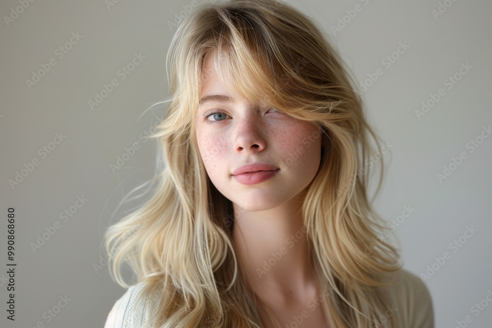 Fototapeta premium Young woman with wavy blonde hair and freckles poses gracefully against a neutral background, showcasing natural beauty and a serene expression