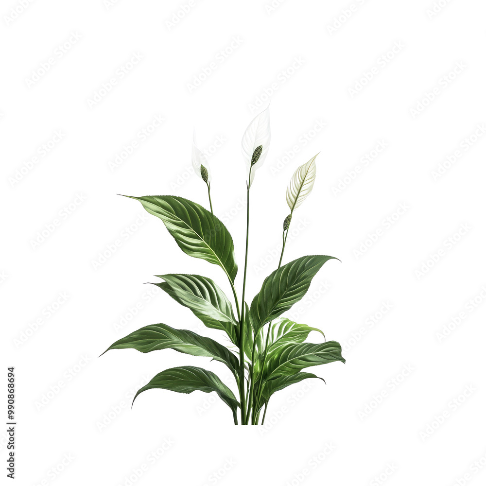 White Peace Lily Plant with Green Leaves on White Background White Peace Lily Plant with Green Leaves on White Background