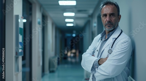 A confident doctor standing in a hospital hallway, prepared for consultations.