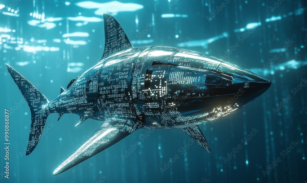 Obraz premium Metallic shark swimming through digital data.