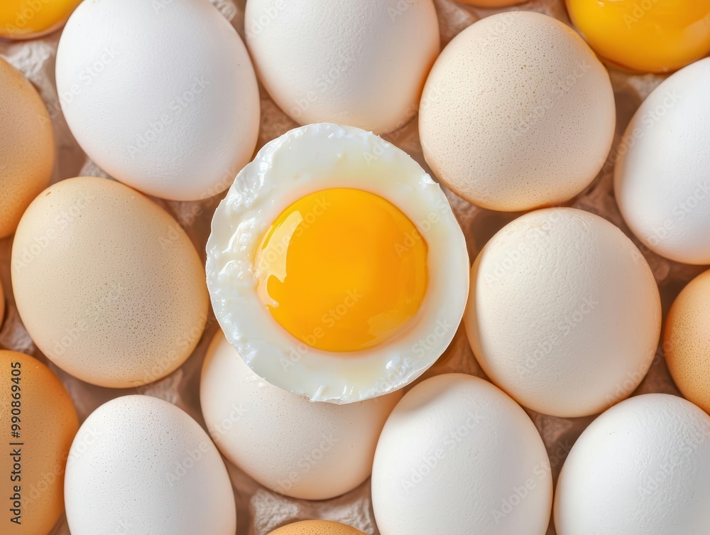 Close-up of golden chicken eggs being cracked open, with vibrant egg whites and yolks flowing, representing high-protein content Chicken Eggs, Protein, Freshness Close-up of golden chicken eggs being cracked open, with vibrant egg whites and yolks flowing, representing high-protein content Chicken Eggs, Protein, Freshness