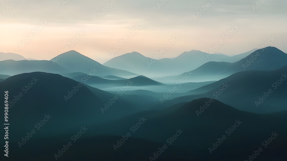 Obraz premium Soft morning mist gently rising over the majestic snow capped mountain peaks at the first light of dawn creating a serene and ethereal landscape