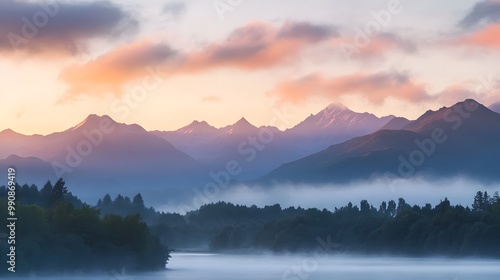 Wallpaper Mural Misty mountain landscape at dawn with majestic peaks emerging from the soft ethereal morning fog and hazy serene atmosphere  Captivating wilderness scenery with a peaceful tranquil ambiance Torontodigital.ca