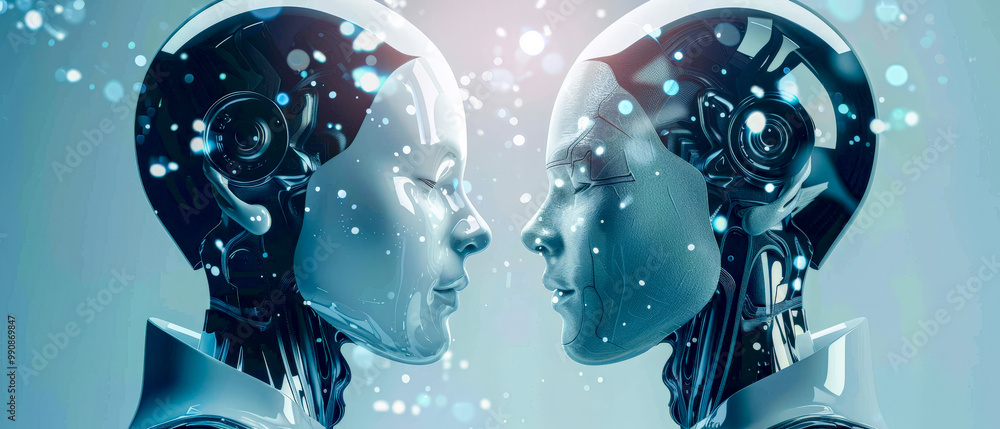 Fototapeta premium Two robots with human faces are shown in a blurry image