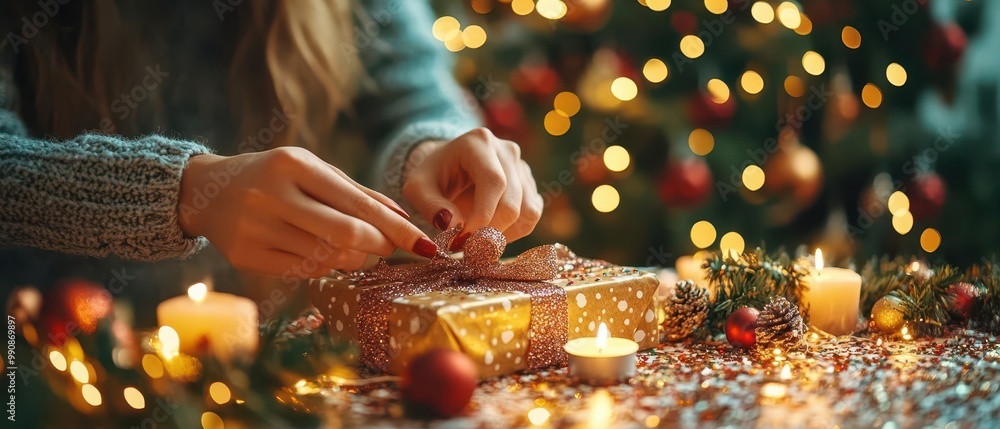 A cozy Christmas scene featuring hands wrapping a festive gift with decorative elements and soft glow from candles. A cozy Christmas scene featuring hands wrapping a festive gift with decorative elements and soft glow from candles.