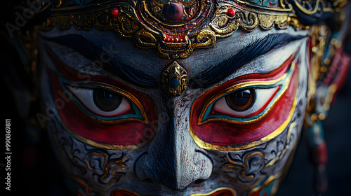 Intricately Adorned Traditional Cultural Mask in Vibrant Colors Against Dark Background