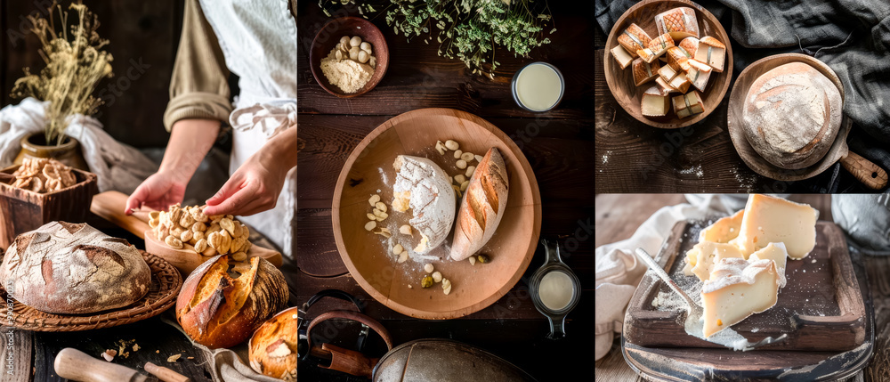 Collage of food images, freshly made bread and artisan cheese, art and craft concept Collage of food images, freshly made bread and artisan cheese, art and craft concept