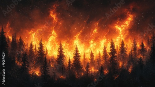 Fierce forest fire engulfs trees at night, illuminating the dark sky in a blaze