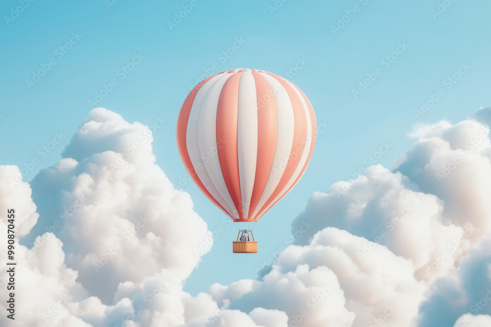 Hot air balloon floating in blue sky surrounded by soft clouds Hot air balloon floating in blue sky surrounded by soft clouds