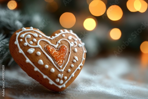 Heart shaped gingerbread cookie is lying on a table on christmas