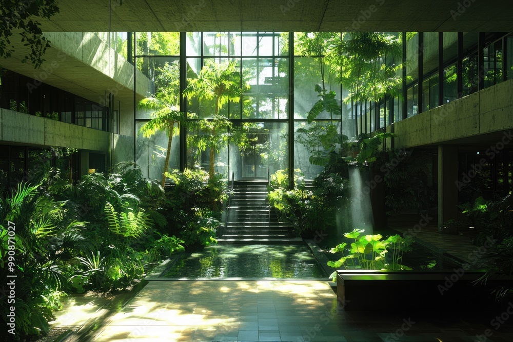 Sunlight illuminating lush green indoor garden atrium Sunlight illuminating lush green indoor garden atrium