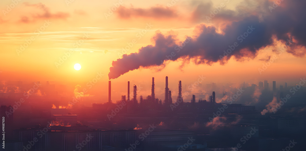 Obraz premium Factories emitting smoke at sunset, showcasing industrialization and environmental impact