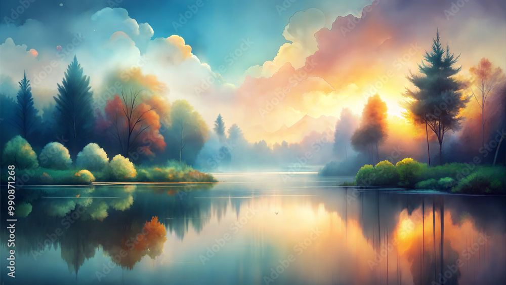Picturesque landscape at sunrise with trees and a calm river, reflecting colorful clouds in soft pastels Picturesque landscape at sunrise with trees and a calm river, reflecting colorful clouds in soft pastels