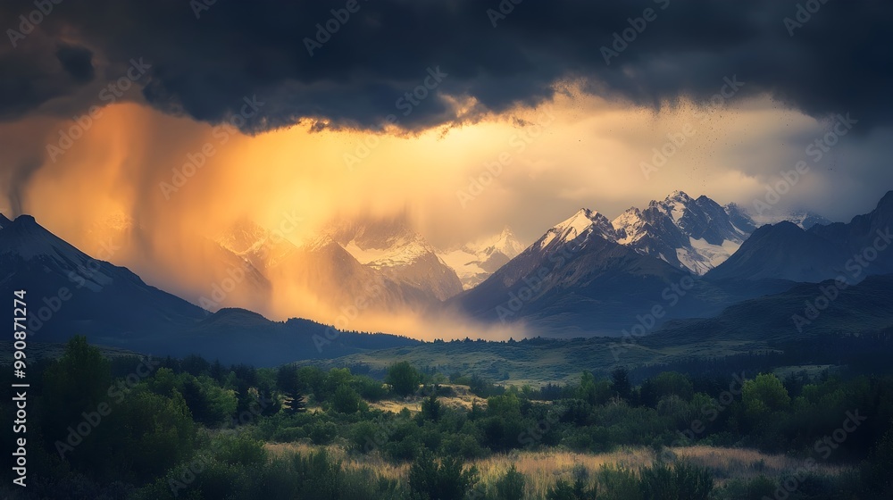 Dramatic rainstorm with heavy rain and dark clouds sweeping over the majestic rugged peaks of a remote mountain range during a powerful turbulent weather event The scene evokes a sense of awe power Dramatic rainstorm with heavy rain and dark clouds sweeping over the majestic rugged peaks of a remote mountain range during a powerful turbulent weather event The scene evokes a sense of awe power
